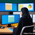 Home 22 촉각적 UX 디자인에서의 데이터 기반 접근 - A modern workspace scene featuring a UX designer analyzing touch interface data on multiple screens,...