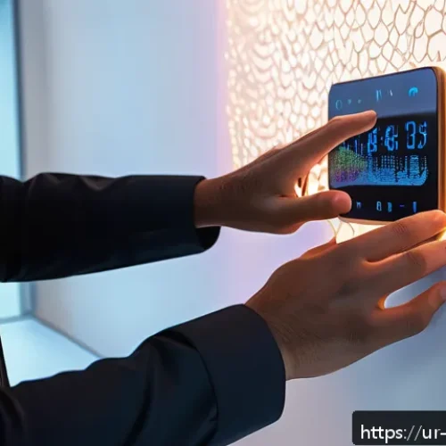 Home 17 촉각적 디자인의 혁신적 접근 사례 - A futuristic close-up scene of a modern haptic touchscreen device being gently touched by a user’s f...